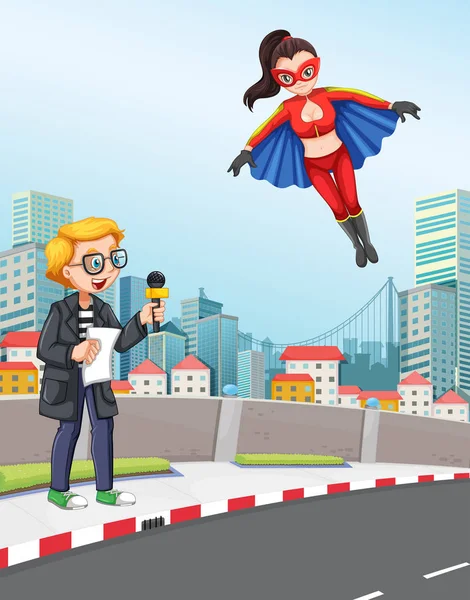 News Reporter Urban Scene Super Hero Illustration — Stock Vector
