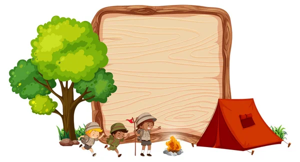 Camping Barnen Trä Banner Illustration — Stock vektor