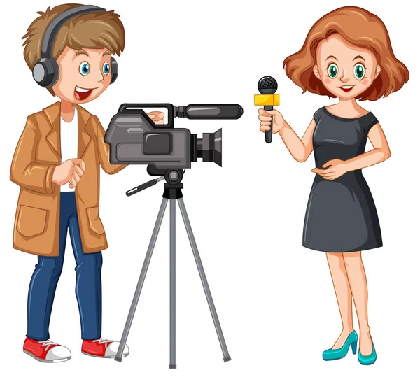 Δημοσιογράφος Ειδήσεων Και Επαγγελματίας Κάμεραμαν Εικονογράφηση — Διανυσματικό Αρχείο