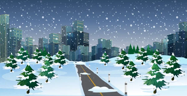 Stadsgezicht Scène Bij Winter Nacht Illustratie — Stockvector