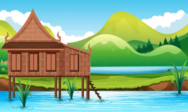 Ταϊλανδέζικο Στιλ Σπίτι Στην Απεικόνιση Νερού — Διανυσματικό Αρχείο