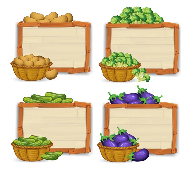 Set Wooden Banner Vegetable Illustration — Stock Vector