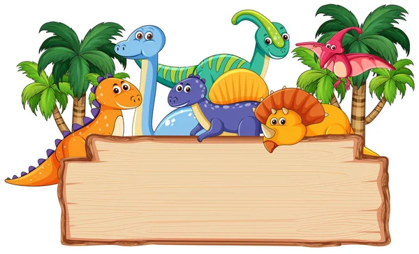 Many Dinosaur Wooden Board Illustration — Stock Vector