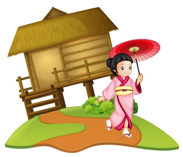 木造の小屋のイラストを日本の女の子 — ストックベクタ