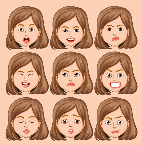 Set Girl Head Different Facial Expression Illustration — Stock Vector