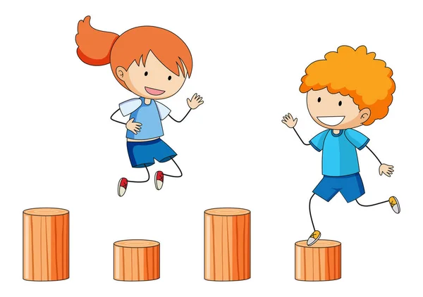 Children Playing Wooden Playgound Equipment Illustration — Stock Vector