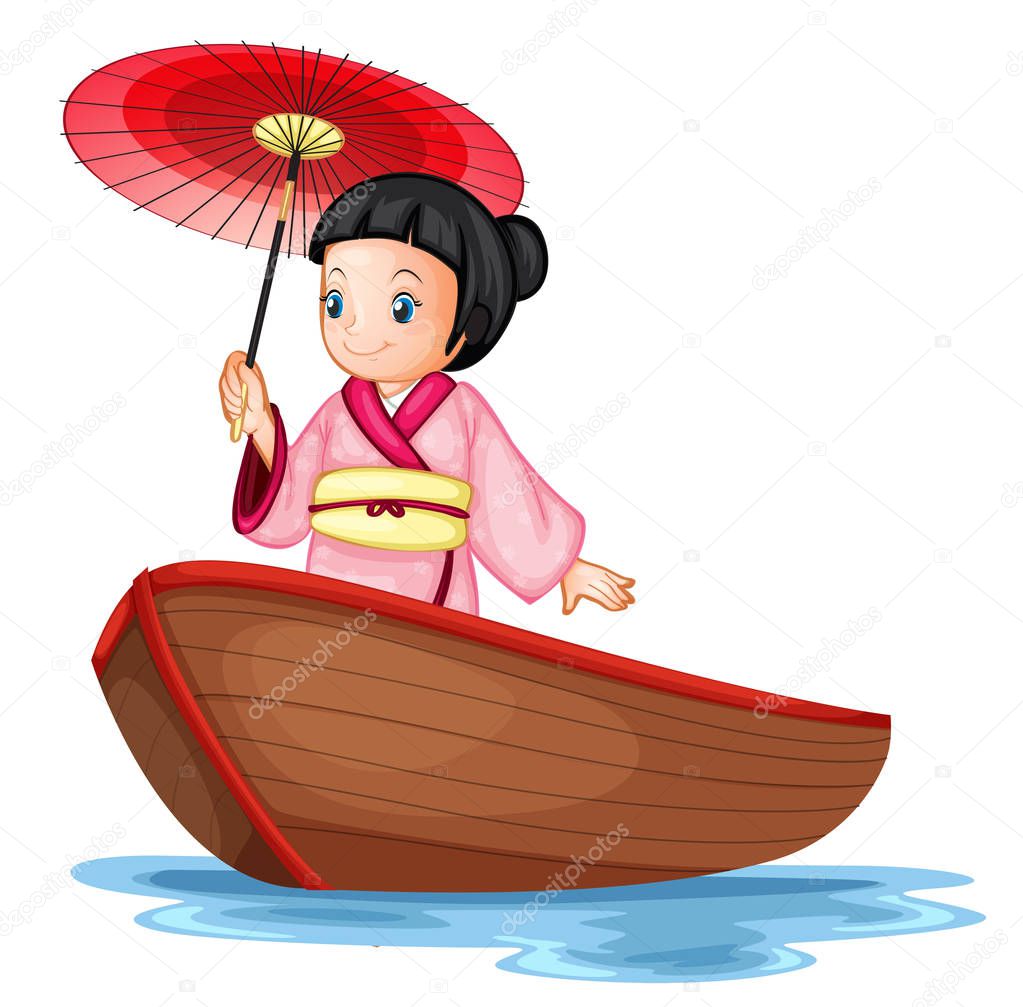 A japanese girl on wooden boat illustration