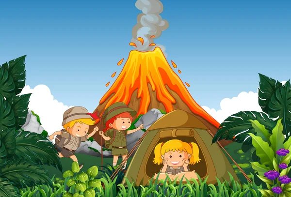 Camping Kids Kamp Naast Vulkaan Illustratie — Stockvector