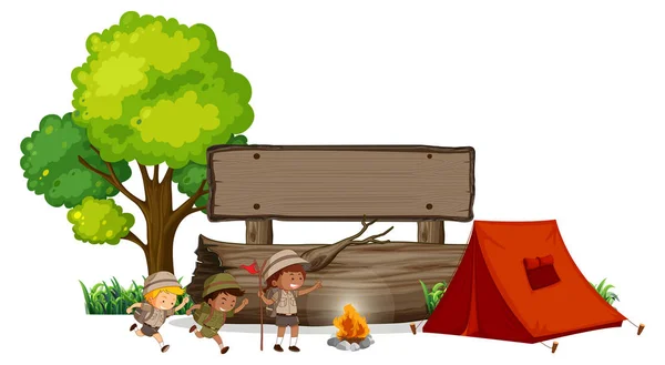 Camping Crianças Com Banner Madeira Ilustração — Vetor de Stock