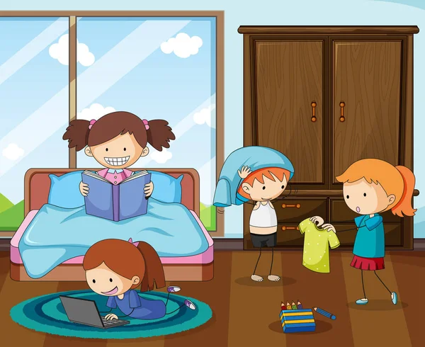 Grupo Niños Garabatos Dormitorio Ilustración — Vector de stock