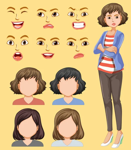 Conjunto Ilustración Cabeza Femenina Expresión Facial — Archivo Imágenes Vectoriales