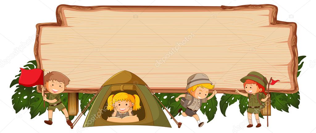 Camping kids on wooden banner illustration