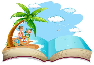 Açık kitap aile yaz tatil illüstrasyon