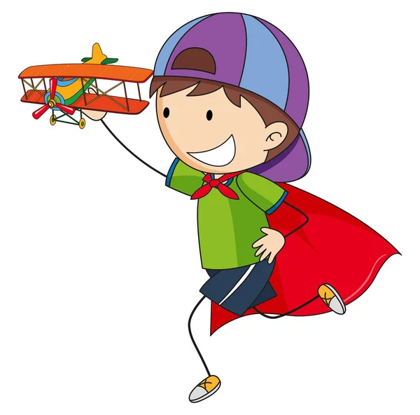 Doodle Boy Playing Plane Toy Illustration — Stock Vector