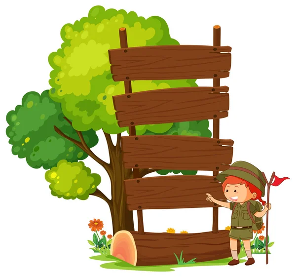 Camping Jongen Met Lege Houten Teken Post Illustratie — Stockvector