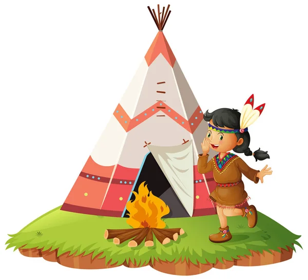 Native American Woth Teepee Illustration — Stock Vector