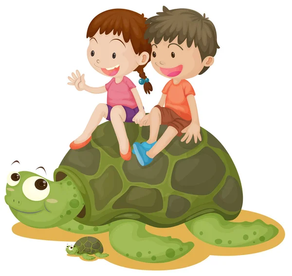 Enfants Heureux Chevauchant Tortue Illustration — Image vectorielle