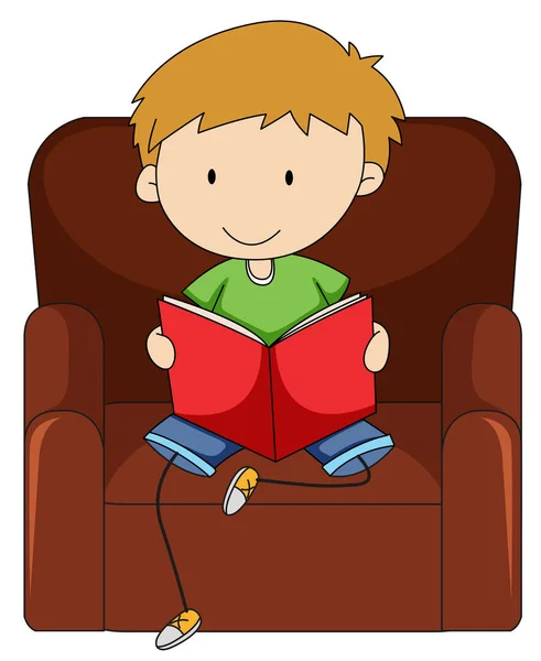 Doodle Boy Reading Book Couch Illustration — Stock Vector