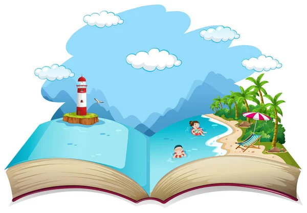 Open Zomer Strand Vakantie Thema Boekillustratie — Stockvector