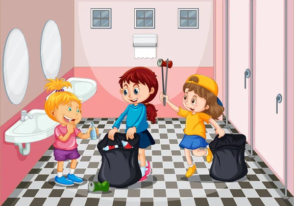 在厕所里收集垃圾的儿童插图 — 图库矢量图片