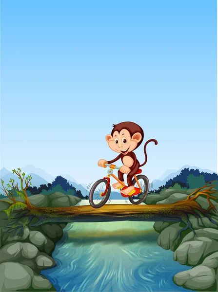 Affe Reiten Fahrrad Überqueren Fluss Illustration — Stockvektor