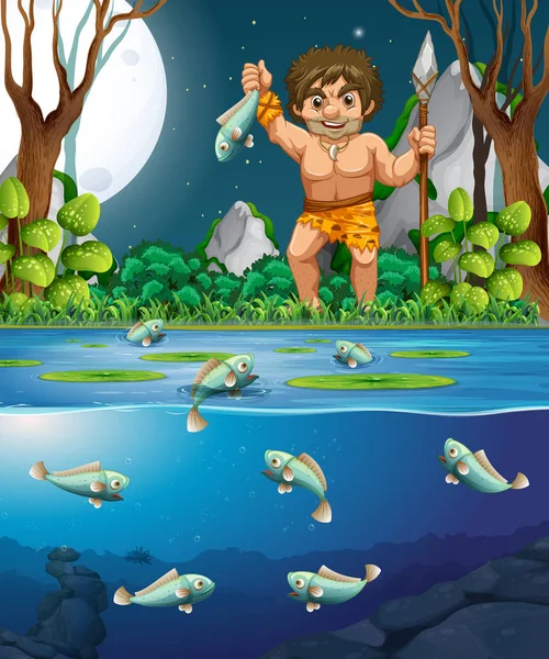 Caveman Catching Fish Illustration — Stock Vector