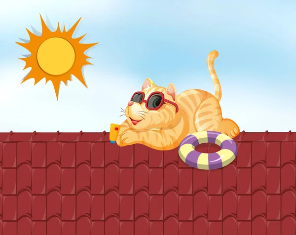 Lazy Cat Sunbathing Roof Summer Illustration — Stock Vector
