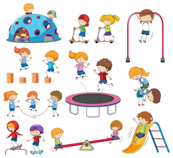 Conjunto Niños Garabatos Jugando Ilustración — Vector de stock