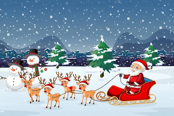 Santa Paardrijden Slee Buiten Illustratie — Stockvector