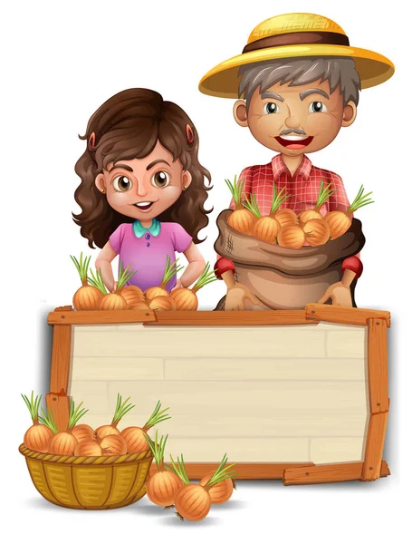 Farmer Holding Onion Wooden Board Illustration — Stock Vector