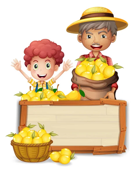 Agricultor Segurando Limão Ilustração Placa Madeira — Vetor de Stock