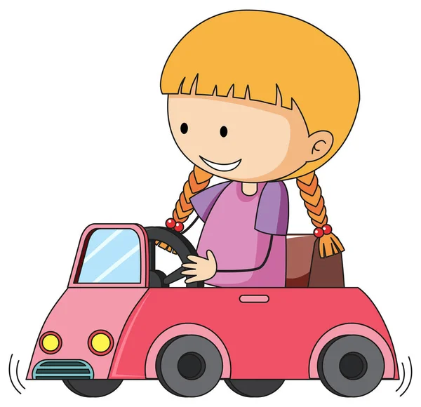 Doodle Дівчина Верхи Іграшковий Автомобіль Ілюстрація — стоковий вектор
