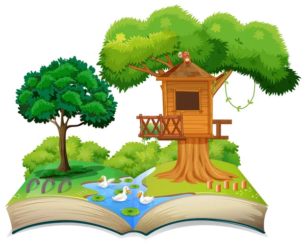 Nature Treehouse Open Book Illustration — Stock Vector