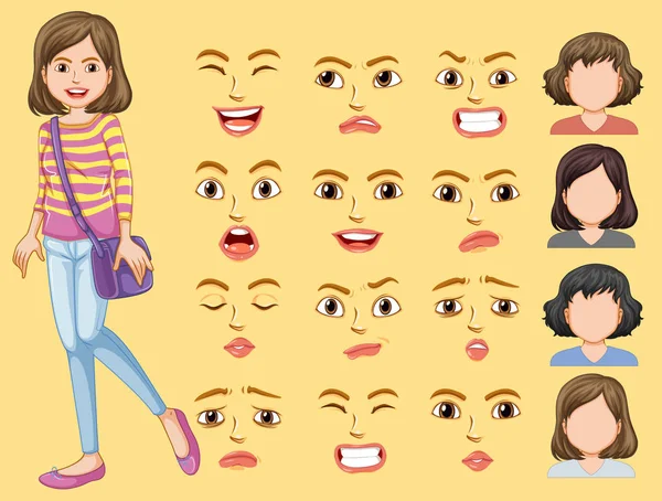 Menina Com Diferentes Expressões Faciais Ilustração — Vetor de Stock