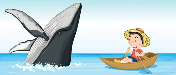男孩在小船旁边鲸鱼例证 — 图库矢量图片