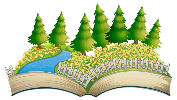Open Book Flower Field Theme Illustration — Stock Vector