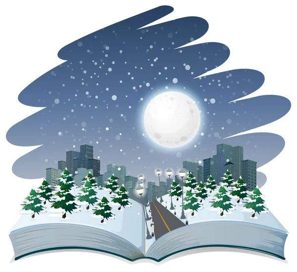 Open Book Winter Night Theme Illustration — Stock Vector