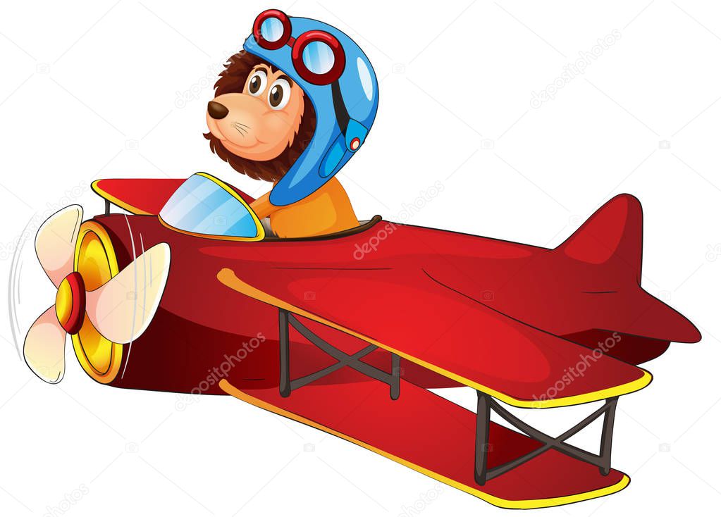 A lion riding classic plane illustration