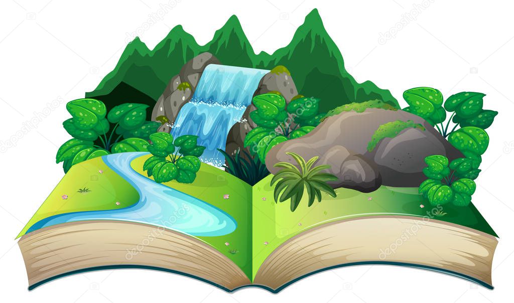 Open book with nature landscape illustration