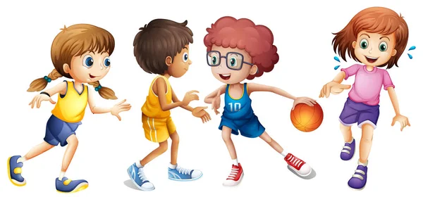 Enfants Jouant Basket Sur Fond Blanc Illustration — Image vectorielle