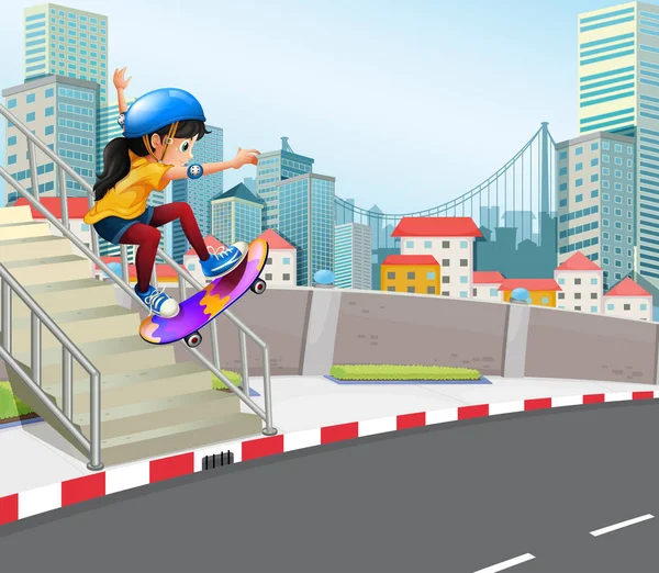 Chica Jugando Skatebaord Ciudad Urbana Ilustración — Vector de stock