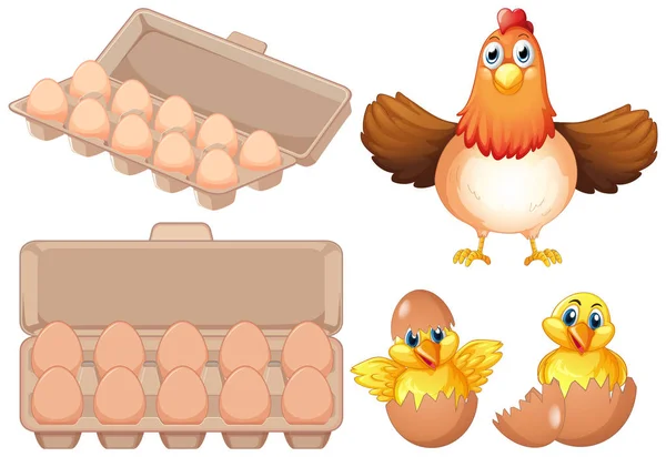Set Mit Frischen Eiern Und Hühnern Illustration — Stockvektor