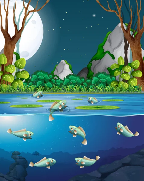 Ψάρια Στον Ποταμό Στο Νύχτα Σκηνή Εικόνα — Διανυσματικό Αρχείο
