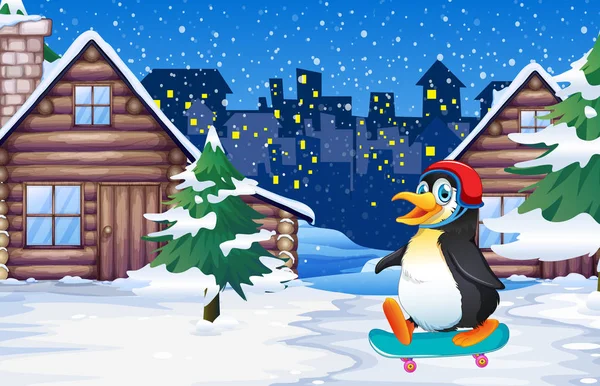 Pinguin Spielt Skateboard Winter Illustration — Stockvektor