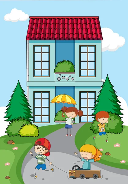 Enfants Jouant Devant Illustration Maison — Image vectorielle