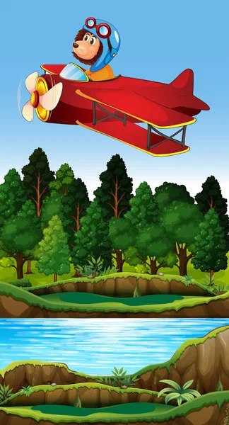 Löwe Reitet Oldtimer Flugzeug Illustration — Stockvektor