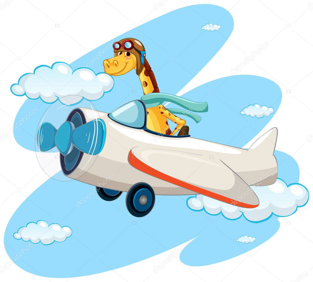 Giraffe riding vintage airplane illustration