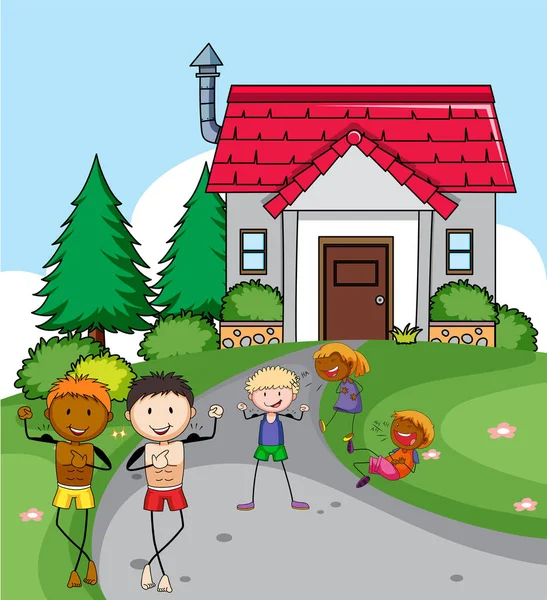 People Infront House Illustration — Stock Vector