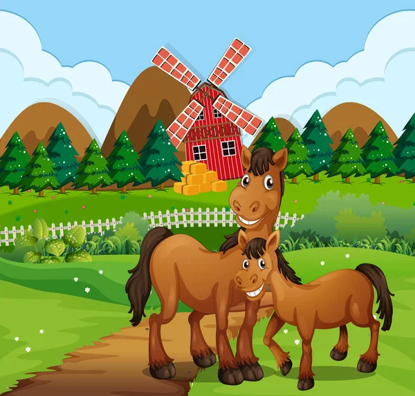 Cavalo Paisagem Fazenda Ilustração —  Vetores de Stock