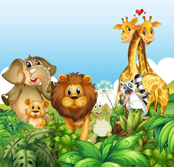 Šťastná Divoká Zvířata Lese Ilustrace — Stockový vektor